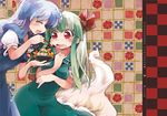  ^_^ bad_id bad_pixiv_id blue_hair blush bow closed_eyes dress dual_persona ex-keine food green_hair horns kamishirasawa_keine long_hair multiple_girls red_eyes spoon touhou usoneko 