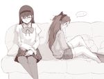  2girls akemi_homura blush book bow couch cushion denim denim_shorts fang glasses hairband long_hair mahou_shoujo_madoka_magica monochrome multiple_girls pantyhose sakura_kyouko school_uniform shorts skirt uruo 