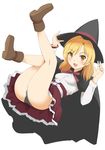  black_cape black_hat black_panties blonde_hair cape ginjyasei hat legs_up long_hair mizukoshi_saki natsuiro_kiseki panties pantyshot red_skirt shirt short_hair simple_background skirt smile solo underwear upskirt white_background white_shirt witch_hat yellow_eyes 