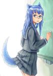  animal_ears blue_eyes blue_hair borrowed_character chalk chalkboard glasses highres long_hair open_mouth original pleated_skirt school_uniform serafuku skirt solo tail taruya wolf_ears wolf_tail 