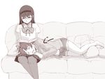  akemi_homura book bow couch cushion fang glasses hairband lap_pillow long_hair mahou_shoujo_madoka_magica monochrome multiple_girls navel pantyhose sakura_kyouko saliva school_uniform shorts skirt sleeping uruo 