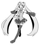  greyscale hatsune_miku hayato long_hair lowres monochrome solo thighhighs twintails very_long_hair vocaloid 