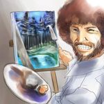  afro art_brush beard bob_ross easel facial_hair grin male_focus michael mustache paintbrush palette real_life_insert smile solo the_joy_of_painting 