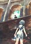  1girl arch arms_at_sides artist_request back black_hair building day dress faceless from_behind from_below horns ico ico_(character) looking_at_another looking_down looking_up outdoors short_hair short_sleeves silver_hair sky standing traditional_media upskirt wall watercolor_(medium) yorda 