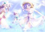  artist_request bikini blue_eyes blue_hair brown_hair copyright_request glasses green_eyes hat innertube multiple_girls one-piece_swimsuit sarong straw_hat swimsuit water white_sarong 