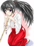  bamboo_broom black_hair broom hakama interlocked_fingers japanese_clothes long_hair looking_at_viewer miko original ponytail purple_eyes red_hakama solo uni8 