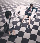  black_hair brown_hair checkered checkered_floor couch gun handgun holding holding_gun holding_weapon iwai_ryou m1911 mexican_standoff multiple_girls original perspective pistol school_uniform shoes sneakers walther walther_p99 weapon 