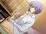  artist_request ayanami_raising_project ayanami_rei blue_hair cup dutch_angle game_cg neon_genesis_evangelion open_clothes open_shirt pale_skin red_eyes seiza shirt short_hair sitting solo steam 
