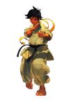  baggy_clothes barefoot black_hair choker dougi fighting_stance ikeno_daigo makoto_(street_fighter) official_art reverse_trap ribbon_choker short_hair solo street_fighter street_fighter_iii_(series) tomboy 