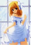  bare_shoulders blue_eyes blush bow dress dress_lift duplicate fuyou_kaede hair_bow hair_ribbon happy nishimata_aoi official_art orange_hair ribbon see-through short_hair shuffle! smile solo standing window 