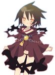  azuma_masakadu black_panties brown_hair chain cloak collarbone cowboy_shot curse_maker long_sleeves looking_at_viewer orange_eyes panties sekaiju_no_meikyuu simple_background solo spiked_hair standing thigh_strap underwear white_background 