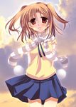  blue_skirt brown_eyes brown_hair cowboy_shot kujira_(knave) looking_at_viewer outdoors pom_pom_(clothes) red_eyes scarf skirt sky solo striped striped_scarf sweater_vest tsukihime two_side_up yumizuka_satsuki 