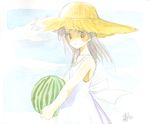  azuma_yuki copyright_request dress food fruit hat holding holding_food holding_fruit solo straw_hat sun_hat traditional_media watermelon 