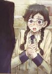  ashford_academy_uniform black_hair book braid code_geass glasses jpeg_artifacts long_hair necktie nina_einstein open_mouth purple_eyes scared school_uniform scissors solo sweat toi8 twin_braids uniform 