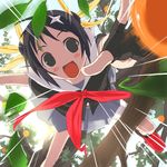  :d bandages black_eyes black_hair blush double_bun emphasis_lines fingerless_gloves food fruit gloves hair_ribbon happy himawari! hinata_himawari jumping leaf motion_blur ninja open_mouth orange outdoors outstretched_arm outstretched_hand reaching ribbon school_uniform serafuku short_hair shuriken skirt smile solo sun tree uni 