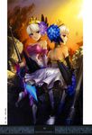  absurdres armor armored_dress back bangs bare_shoulders black_legwear choker crown crystal detached_sleeves dress feathers flower from_behind fujiwara_yasuhiro griselda_(odin_sphere) gwendolyn hair_bun hair_flower hair_ornament hairband highres looking_at_viewer looking_away multiple_girls odin_sphere official_art outdoors pantyhose parted_bangs purple_eyes red_eyes rock scan short_dress short_hair siblings sisters sky smile staff standing strapless strapless_dress sunset white_hair 