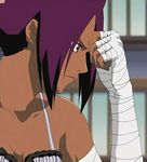  bandaged_arm bandages bleach dark_skin frown hand_to_forehead head_rest non-web_source purple_hair screencap shihouin_yoruichi solo 
