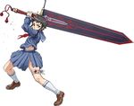  arms_up bandages braid brown_footwear full_body holding holding_sword holding_weapon huge_weapon loafers long_hair long_sleeves midriff minagi_mikoto my-hime nigou pleated_skirt school_uniform shoes simple_background skirt socks solo striped striped_legwear sword torn_clothes twin_braids two-handed weapon white_background 