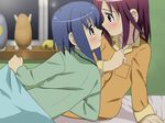  amamiya_manami bed bed_sheet blanket blue_hair blush eye_contact gakuen_utopia_manabi_straight! green_eyes inamori_mika indoors looking_at_another multiple_girls on_bed pajamas profile purple_eyes purple_hair sanshita short_hair sitting under_covers window windowsill yuri 