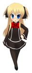  artist_request black_dress black_legwear black_ribbon bow bowtie dress full_body hair_ribbon hand_on_hip long_hair long_sleeves looking_at_viewer pantyhose quiz_magic_academy red_neckwear ribbon shalon simple_background solo standing two_side_up white_background 