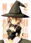  akashi_yuuna black_dress breasts brown_eyes brown_hair cleavage cowboy_shot dress hat looking_at_viewer mahou_sensei_negima! mizutama navel puffy_short_sleeves puffy_sleeves short_sleeves simple_background small_breasts solo stomach white_background witch witch_hat 