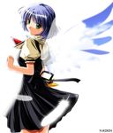  air blue_hair bow feathers green_eyes kirishima_kano school_uniform short_hair solo wings yukirin 