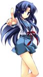  asakura_ryouko blue_eyes blue_hair blue_sailor_collar dark_blue_hair foreshortening half_updo kita_high_school_uniform long_hair long_sleeves minazuki_haruka pointing sailor_collar school_uniform serafuku solo suzumiya_haruhi_no_yuuutsu 