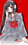  bangs black_hair blush checkered checkered_obi collarbone copyright_request digital_media_player flower hand_on_headphones head_tilt headphones japanese_clothes kimono koshikawa_guu long_hair no_shoes obi purple_eyes red_background sash sitting smile solo tabi 