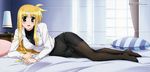  bed blonde_hair fate_testarossa highres long_hair lyrical_nanoha mahou_shoujo_lyrical_nanoha_strikers megami military military_uniform okuda_yasuhiro pantyhose red_eyes solo tsab_executive_military_uniform uniform 