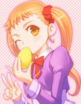  food fruit holding holding_food holding_fruit kasugano_urara_(yes!_precure_5) l'ecole_des_cinq_lumieres_school_uniform lemon long_hair looking_at_viewer one_eye_closed orange_hair precure solo twintails uni v yellow_eyes yes!_precure_5 