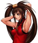  arms_behind_head arms_up bangs bare_shoulders breasts brown_eyes brown_hair chinese_clothes closed_mouth guilty_gear hair_ornament kuradoberi_jam large_breasts long_hair looking_away micchii_(mitchiee) red_lips sideboob simple_background sleeveless solo tassel upper_body white_background 