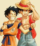  abs artist_request clothes_writing cosplay costume_switch crossover dragon_ball male_focus monkey_d_luffy multiple_boys one_piece sepia_background son_gokuu 