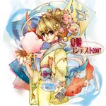  bag bagged_fish blonde_hair brown_eyes cotton_candy fish goldfish japanese_clothes kimono original sakiya_(bas-web) solo 