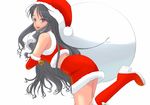  bangs bell black_eyes black_hair boots christmas crop_top dark_skin elbow_gloves from_side fur_trim gloves hat kiriman_(souldeep) long_hair looking_at_viewer midriff miniskirt original red_gloves sack santa_boots santa_costume santa_hat simple_background skirt smile solo swept_bangs white_background 