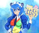  2k-tan blue_eyes blue_hair breasts folder glasses holding juliet_sleeves large_breasts long_sleeves looking_at_viewer michael multicolored_shirt os-tan puffy_sleeves rimless_eyewear short_hair skin_tight solo text_focus translated upper_body 