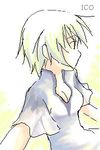  artist_request blonde_hair blue_dress blush breasts cleavage collarbone dress from_side ico looking_to_the_side lowres short_hair short_sleeves simple_background small_breasts solo upper_body white_background yorda 