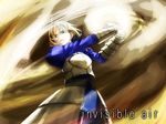  ahoge armor armored_dress artoria_pendragon_(all) blonde_hair blue_dress breastplate cowboy_shot dress fate/stay_night fate_(series) faulds fukurou green_eyes holding holding_sword holding_weapon looking_at_viewer saber short_hair shoulder_pads slashing solo sword weapon 
