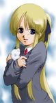  animal blonde_hair blue_eyes long_hair original ponytail school_uniform solo suzuki_kyoutarou 