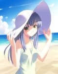  bangs bare_shoulders beach blush breasts cloud day dress from_side green_dress green_eyes hand_on_headwear hat kono_aozora_ni_yakusoku_wo lace lace-trimmed_dress light_smile long_hair looking_at_viewer ocean outdoors rokujou_miyaho silver_hair sky small_breasts smile solo sun_hat sundress takoyaki_(roast) upper_body water 