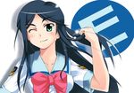  ;) black_hair blush bow bowtie closed_mouth collarbone emblem etou_mei gakuen_utopia_manabi_straight! green_eyes long_hair looking_at_viewer misaki_takahiro one_eye_closed pink_bow pink_neckwear school_uniform seiou_gakuen_school_uniform serafuku short_sleeves simple_background smile solo upper_body white_background 