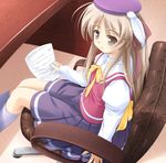  brown_hair chair desk feathers flat_chest grey_eyes haruka_ni_aogi_uruwashi_no hat kazamatsuri_miyabi kneehighs long_hair school_uniform sitting socks solo tomo_no_shippo 