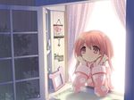  akihime_sumomo brown_eyes brown_hair from_outside game_cg head_rest itou_noiji looking_out_window nanatsuiro_drops pajamas rain solo window 