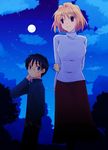  1girl arcueid_brunestud blonde_hair full_moon long_skirt moon night night_sky pantyhose purple_skirt shima_tokio skirt sky sweater toono_shiki tsukihime 