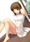  absurdres arm_support bare_shoulders barefoot blush bra bra_through_clothes brown_eyes brown_hair bucket dress hagiwara_yukiho highres idolmaster idolmaster_(classic) lace lace-trimmed_bra lingerie on_floor one_eye_closed open_mouth see-through short_dress short_hair strap_slip tanaka_shoutarou underwear wet wet_clothes white_bra white_dress wince 