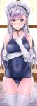  absurdres apron ass_visible_through_thighs azur_lane bangs bare_shoulders belfast_(azur_lane) blue_swimsuit blush braid breasts chain closed_mouth collar collarbone curtains elbow_gloves eyebrows_visible_through_hair floral_print gloves highres indoors kotatsu_(kotatsu358) large_breasts long_hair looking_at_viewer maid maid_headdress one-piece_swimsuit purple_eyes purple_hair scan solo swimsuit waist_apron white_gloves white_legwear window 
