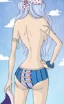  armband ass backboob bad_anatomy bandana bare_arms bare_back bare_shoulders blue_hair blue_panties bracelet breasts cloud cloudy_sky day flower hat head_out_of_frame jewelry long_hair one_piece panties sideboob sky solo spots striped striped_panties tattoo topless underwear vertical_stripes whitey_bay 
