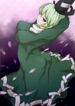  arms_behind_head arms_up ass breasts commentary_request cross-laced_clothes dress green_dress green_eyes green_hair hat impossible_clothes impossible_dress large_breasts long_sleeves pandain profile short_hair smile smirk soga_no_tojiko solo tate_eboshi touhou 