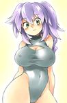  blush borrowed_character breasts cleavage cleavage_cutout contrapposto covered_navel covered_nipples green_eyes large_breasts leotard long_hair navel original oyatsu_(mk2) purple_eyes purple_hair shirt side_ponytail solo standing sweatdrop swimsuit taut_clothes taut_shirt umizakura_tachimi wide_hips 