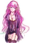 arms_behind_back blue_eyes breasts cleavage cyprus long_hair megurine_luka purple_hair simple_background small_breasts smile solo very_long_hair vocaloid white_background 