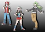  2boys alternate_hairstyle backpack bag belt blue_(pokemon) blue_(pokemon)_(cosplay) brown_hair cosplay denim flat_chest full_body gradient gradient_background green_hair grey_background hair_down hand_on_headwear hands_on_hips hat jeans jewelry kusanagi_(nakiaginasaku) lanyard long_hair loose_socks miniskirt multiple_boys n_(pokemon) necklace official_style ookido_green ookido_green_(cosplay) outline pants pocket pokemon pokemon_(game) pokemon_bw pokemon_frlg pokemon_hgss porkpie_hat red_(pokemon) red_(pokemon)_(cosplay) red_(pokemon_frlg) shadow shoulder_bag skirt smile socks standing touko_(pokemon) touya_(pokemon) vs_seeker wavy_hair wristband 